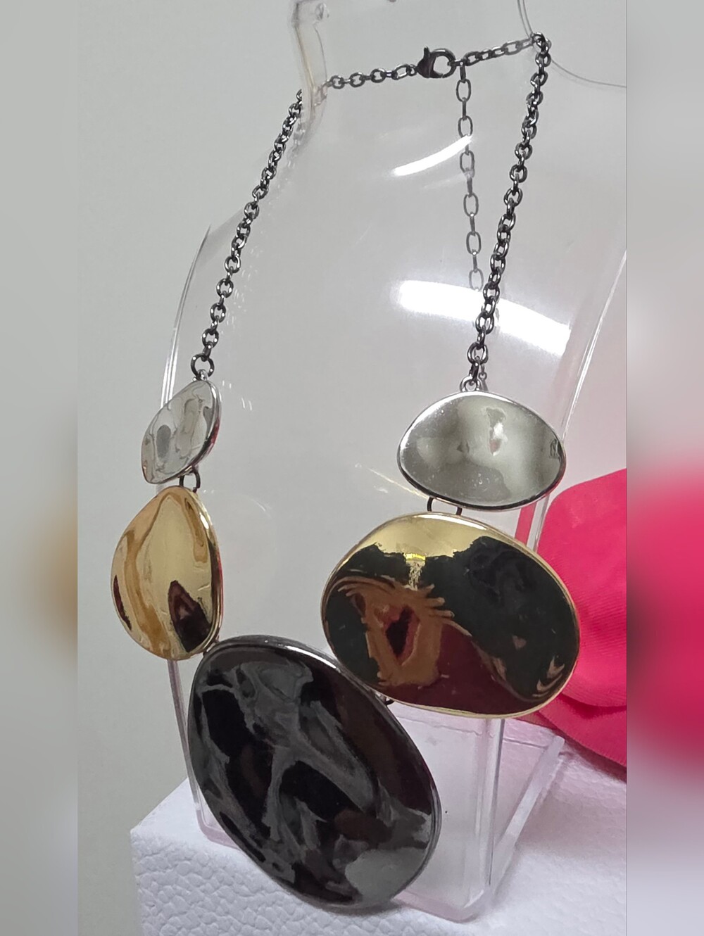 Three Tone Metal Disc Statement Bib Necklace